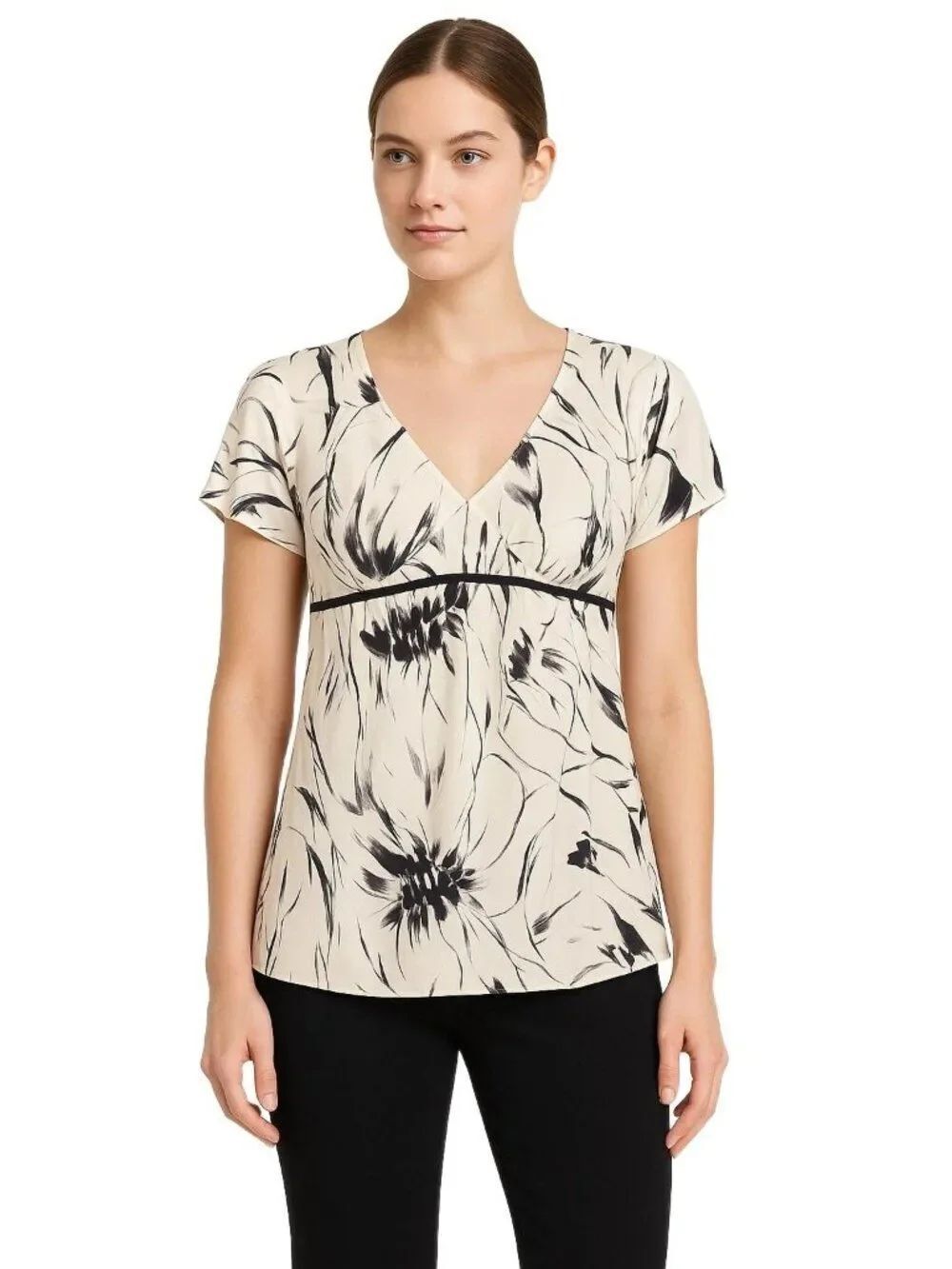 Grace Dane Lewis 100% Silk Cap Sleeve Blouse Cream Black Botanical Print Size 4